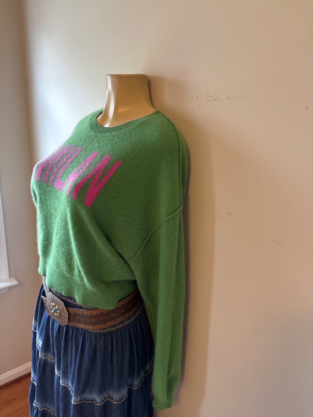 Pilcro Anthropologie Alani Cropped Cashmere Crew Green Pink Milan Sweater Med - Picture 2 of 6